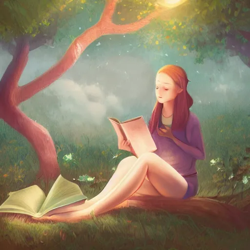 Image similar to A girl sitting in a tree reading a book, peaceful, serene, calming, digital painting, illustration, concept art, artstation, 4k, by Jeszika Le Vye