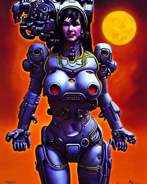 Image similar to d. va from overwatch, heavey metal magazine cover, in the style of r. giger, frank frazetta, esteban maroto, richard corben, pepe moreno, matt howarth, stefano tamburini, tanino liberatore, luis royo and alex ebel