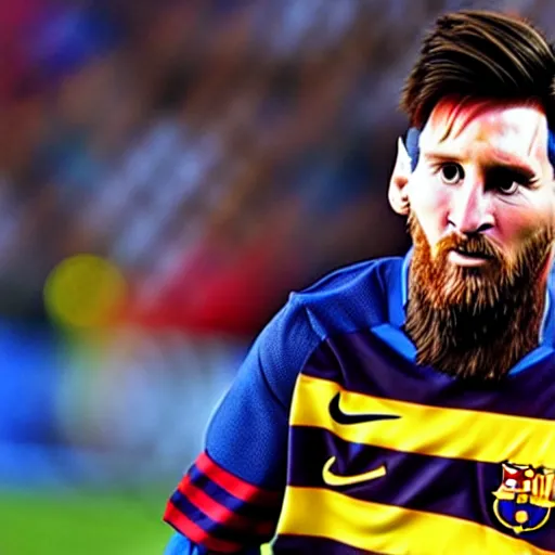 Image similar to Lionel Messi with a majestic beard, closeup