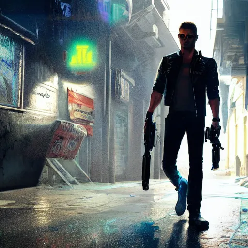 Prompt: a detailed sci fi concept art of an extremely handsome jensen ackles as the terminator walking down a dark alley in cyberpunk 2 0 7 7, holding two sawed off shotguns, volumetric lighting, octane render, 8 k, art by greg rutkowski and albert bierstadt and alphones mucha