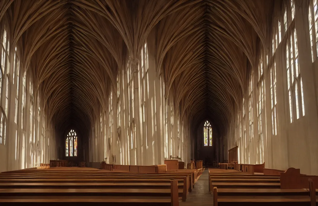 Prompt: in this church interior, vertical lines suggest spirituality, rising beyond human reach toward the heavens. low polygon count cloister quadrangle intact flawless ambrotype from 4 k criterion collection remastered cinematography gory horror film, ominous lighting, evil theme wow photo realistic postprocessing magic painting by rob gonsalves directed by kurosawa