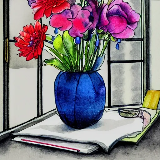 Image similar to a fancy vase with a colorful and beautiful flower arrangement by the fancy window. very stylize and delicate watercolor and pencil drawing. beautiful lighting, 4 k post - processing, trending in art station, cg society, highly detailed, 5 k extremely detailed