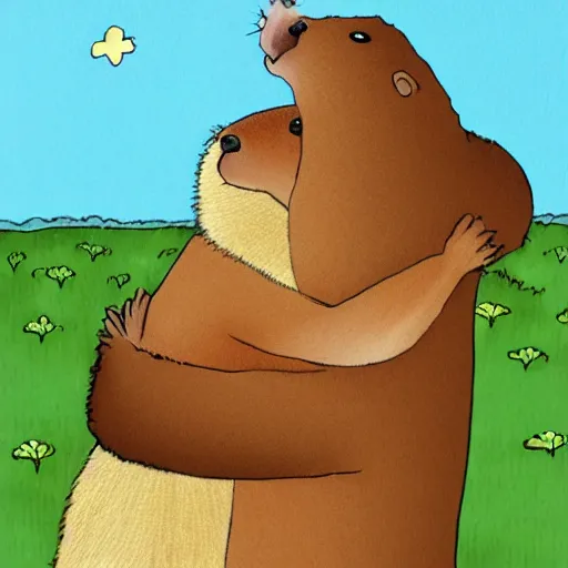 Image similar to badger lovingly hugging a capybara, children's book illustration