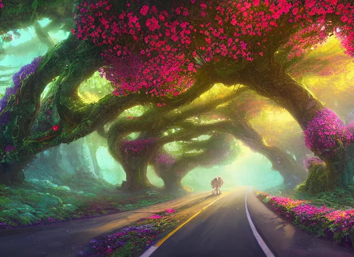 Prompt: epic floral Alley with trees on each side of the road, floral dream spring, Alena Aenami, Petros Afshar, Noah Bradley, Anton Fadeev, Anato Finnstark, Steve Henderson, Filip Hodas, Mark Keathley, Thomas Kinkade, Phil Koch, Gilbert Williams, Mike Winkelmann, Beeple