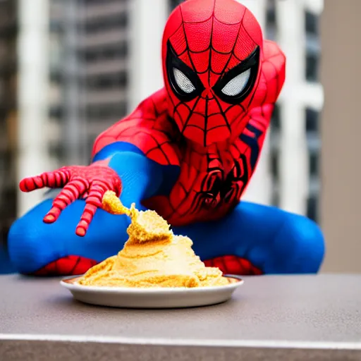 Image similar to Spider-Man eating Hummus. Sony a7r IV, symmetric balance, polarizing filter, Photolab, lightroom, 8k, award-winning