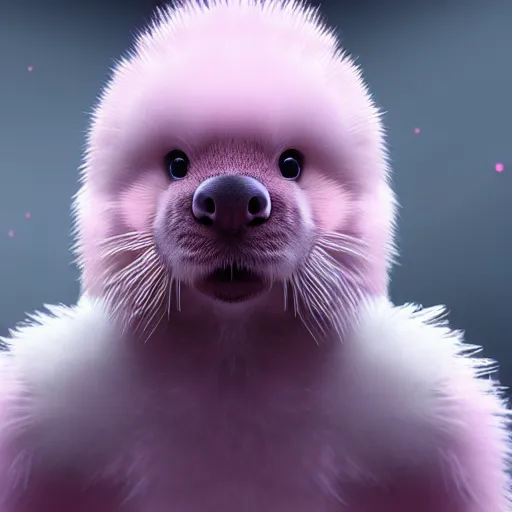 Image similar to white mink with nimbus of pink bacteria around the neck, unreal engine, starring at camera, matte background, high symmetry, 8k