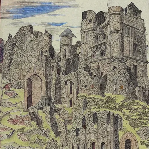 Prompt: A beautifully detailed medieval print of a ruined castle of stone, inspired by Ivan Bilibin. full color scheme