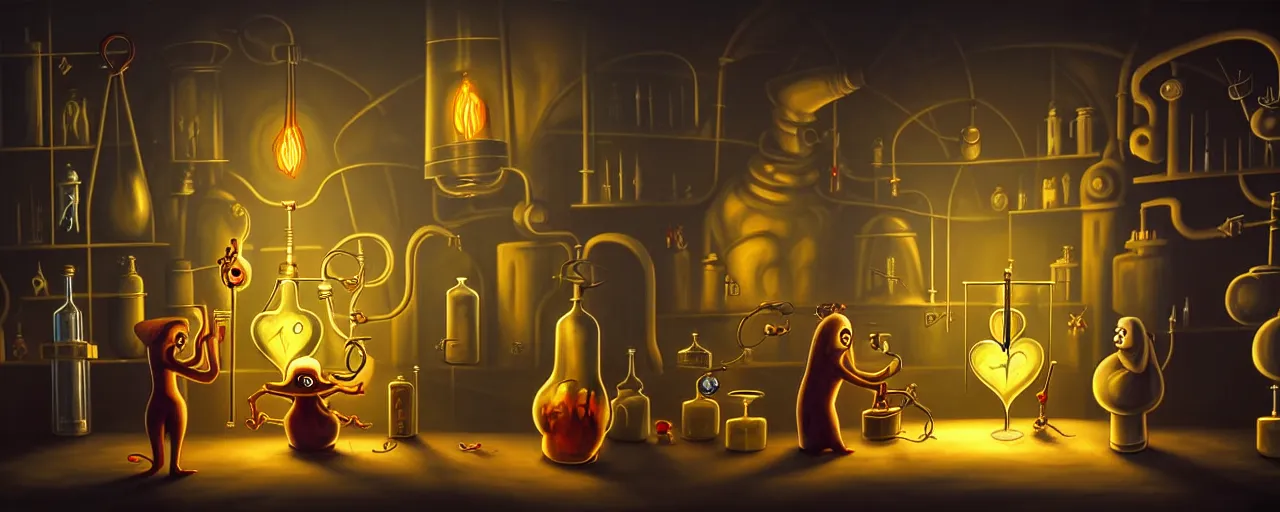 Prompt: uncanny alchemist chthonic creatures inside an alchemical lab within the left ventricle of a human heart, dramatic lighting, surreal fleischer cartoon characters, surreal painting by ronny khalil