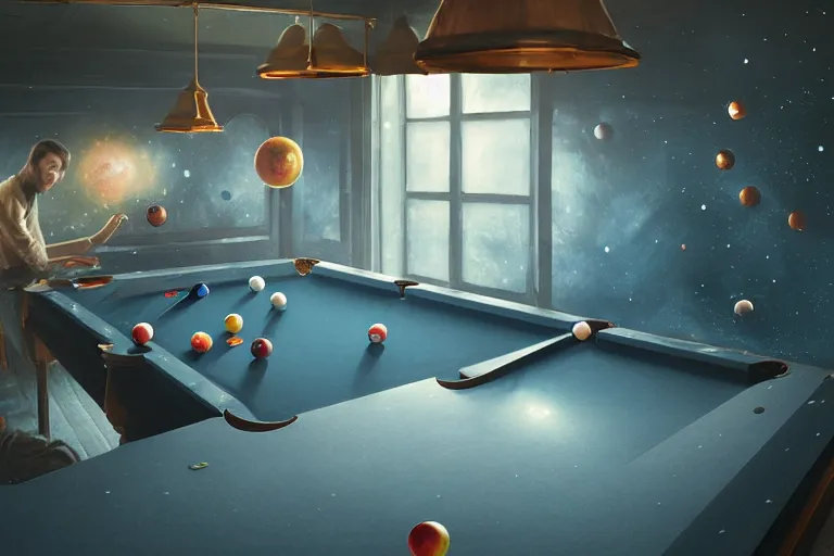 Image similar to a billiards table where the felt is made of galaxies, the balls are planets, matte painting, long shot, concept art, wide shot, digital art, trending on artstation, 4 k, extremely detailed, realistic, midday, warm colors, golden sunlight, by greg rutkowski, cinematic, epic