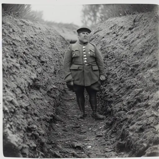 Image similar to Fat guy as a soldier, ww1 trench, war photo, film grain