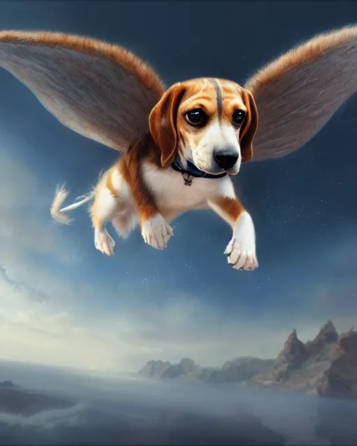 Image similar to cute flying beagle, cinematic, stunning, adorable, highly detailed fur, digital painting, artstation, smooth, hard focus, illustration, art by jessica rossier and and brian froud