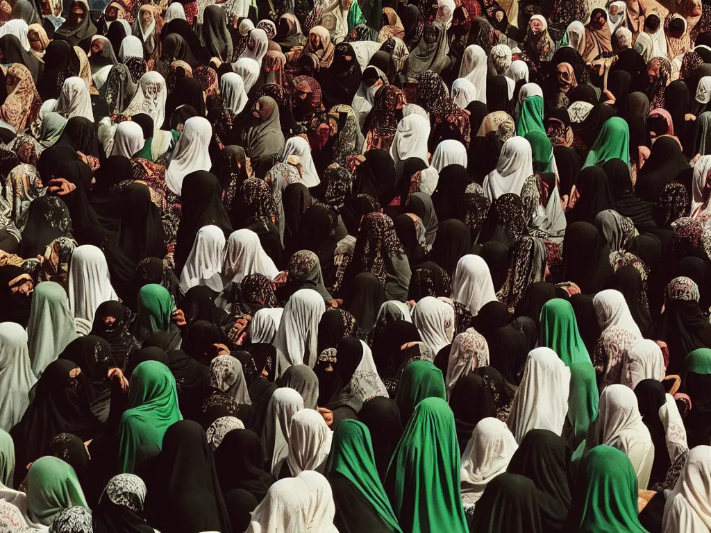 Prompt: “A photograph of a close up on a group of men and women mourning Imam Hussein in the Middle East, black costumes, tears, green flags, highly detailed, realistic, analog Portra 400, grain”