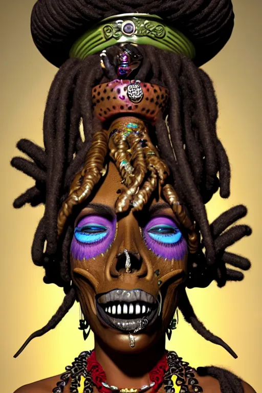 Prompt: a voodoo priestess with dreadlocks and a skull mask, a character portrait by Candido Bido, featured on zbrush central, afrofuturism, freakshow, antichrist, macabre, 8k, extremely highly detailed digital painting, creepy, powerful, haitian