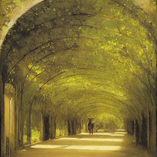 Prompt: portrait of a middle aged italian archway tunnel of laburnum trees in bloom painted by emile friant