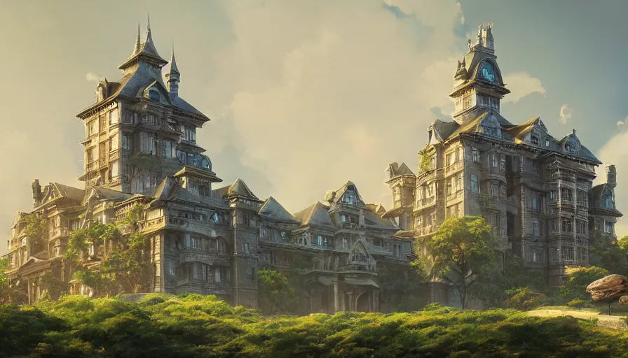 Image similar to A highly detailed matte painting of the huge haunted mansion at the top of the hill, by Studio Ghibli, Makoto Shinkai, by Artgerm, by WLOP, by Greg Rutkowski, volumetric lighting, octane render, 4K resolution, trending on artstation, masterpiece