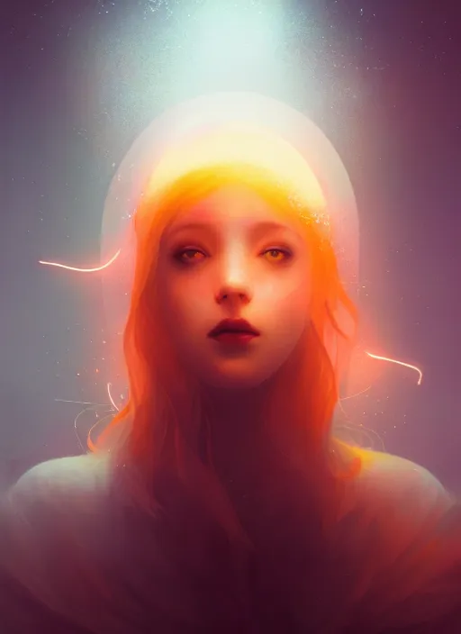 Prompt: a beautiful majestic young white queen with flowers on her orange hair, glowing light orbs, intricate concept art, elegant, digital painting, smooth, sharp focus, ethereal mist, deep colors, illuminated lines, outrun, vaporware, dark background, cyberpunk darksynth, ethereal, ominous, misty, 8 k, rendered in octane, by ruan jia and miho hirano
