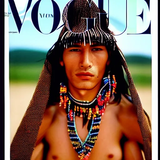 Image similar to a beautiful professional photograph by hamir sardar, herb ritts and ellen von unwerh for the cover of vogue magazine of an unusually handsome native male yanomami female fashion model looking at the camera in a flirtatious way, leica 5 0 mm f 1. 8 lens