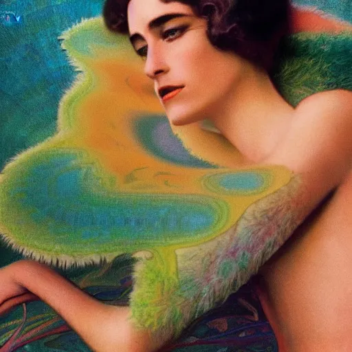 Image similar to extremely beautiful futuristic super schizophrenic psychedelic prismatic superhuman, lush detail, national geographic, steichen, herb ritts, roger deakins, anne leibovitz, alphonse mucha, sharp focus, ultra - realistic, hyperrealism, isotonic, beautiful radiant madwoman, schizophrenic superhuman