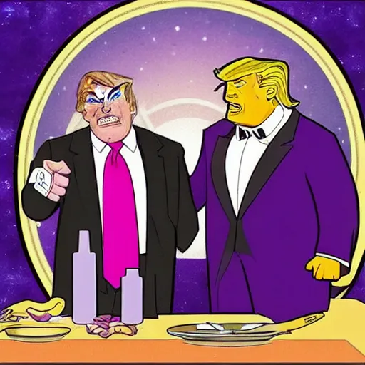 Prompt: thanos and trump having dinner,