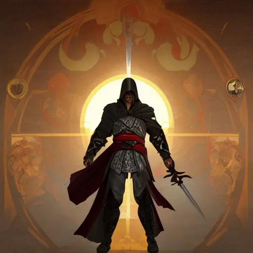 Image similar to an ultra detailed vector image of ezio auditore dressed as solaire of astora, concept art by alphonse mucha and greg rutkowski, praise the blood moon, octane render, liminal space