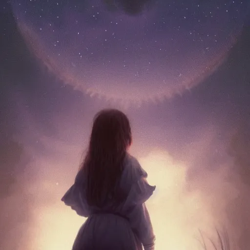 Prompt: cute girl with puckered lips standing on top of water looking down with curiosity into the dark abys with the stars above reflecting onto the water, trending on artstation, trending on deviantart, cinematic lighting, high detail, greg rutkowski, 8 k upscaling, by charles vess, anoto finnstark