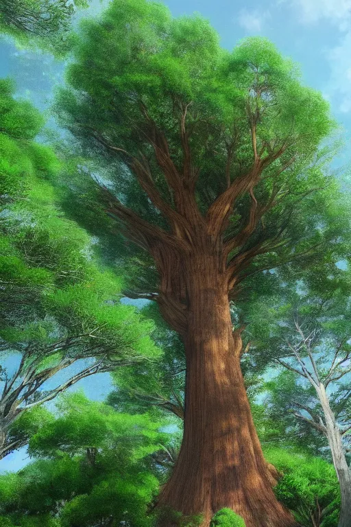 Prompt: enormous tree off life surrounded by sky scraper, distant photo, ghibli style, building are bigger then tree