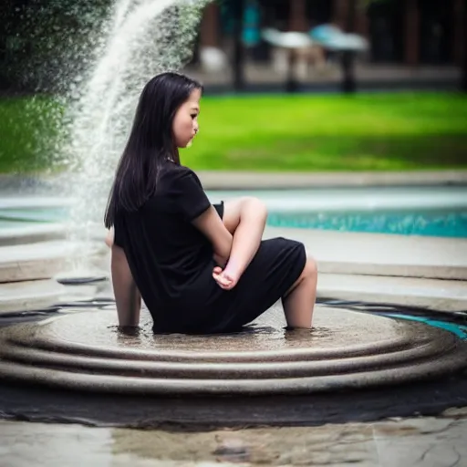 Prompt: a portrait of a young maid sitting on a edge of a fountain in park, 8k, cinematic, photo taken with Sony a7R camera