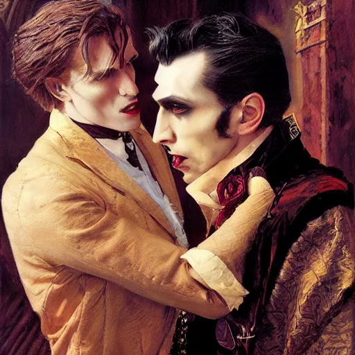 Image similar to attractive male, arthur pendragon confesses his love to attractive male dracula the vampire. highly detailed painting by gaston bussiere, craig mullins, j. c. leyendecker 8 k