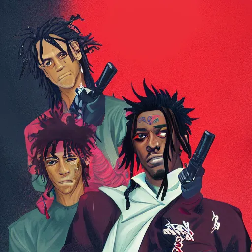 Image similar to Young Thug, Playboi Carti and Lil Uzi Vert, Ninja Scrolls, Gang, Pistol, Blood, red smoke, by artgem, by Loish Trending on artstation