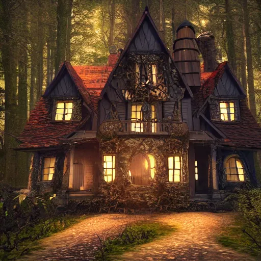 Prompt: a witches house, epic scene, redshift render, cgi, hyper - detailed, photo - bash, 8 k post - production, masterpiece