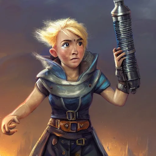 Prompt: full body portrait of a scrappy female gnome engineer with pixie undercut hair, throwing lightning from a metal gauntlet, standing on a ship deck, thunder fantasy magic, naval background, D&D, highly detailed, digital painting, HD, trending on ArtStation, dark fantasy, great composition, concept art, matte, sharp focus, illustration, by Greg Rutkowski