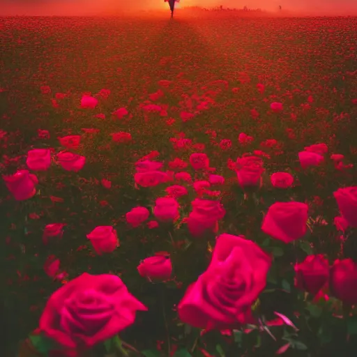 Image similar to photo of a dark tower in the center of a field of roses. golden hour. photorealism. 4 k trends on artstation. national geographic. photography on iphone