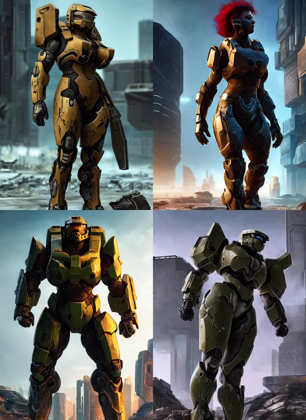 Prompt: a beefy bulky female warrior walking in a cyberpunk wasteland facing the camera, mjolnir armor from halo infinite without a helmet!!!!!!!!!, intricate, female face features!!!!!!!!!!!!!!!!!!!!, 8K, octane render, Digital painting, concept art, illustration, sharp focus, centered, good value control, realistic shading, rational painting, a rainy night, rubber undersuit
