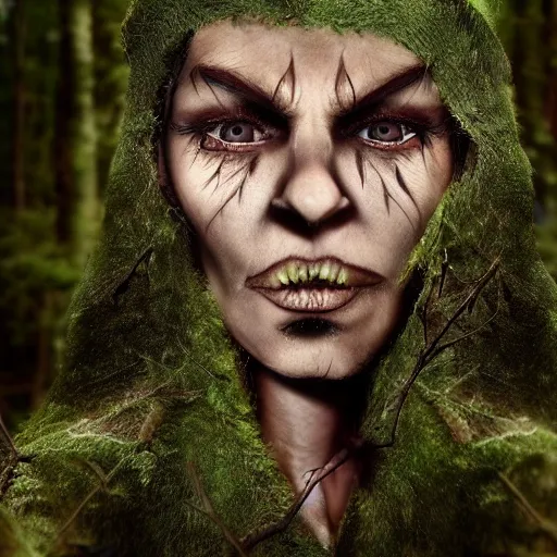 Image similar to scary photo of an elf in the woods, photorealistic