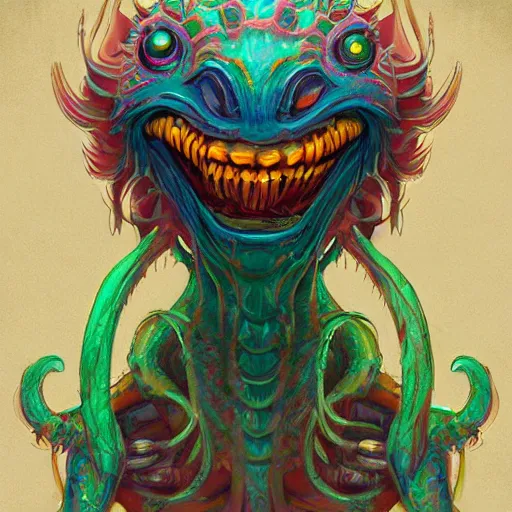 Image similar to cthullu, friendly, smiling, high detail, digital art by Dougal Dixon, trending on artstation, happy, colourful, centered, smooth