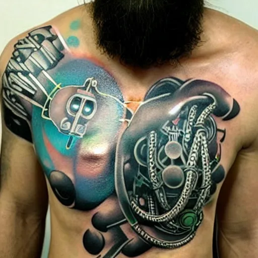 Image similar to chest tattoo of a hole in the skin with a metallic robot mechanic inside under the skin, glowing cables and tubes, insanely integrate,