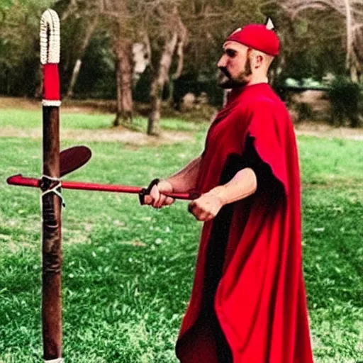 Image similar to “Spartans in battle uniform jumping on trampoline red robe and cape swinging spear swords shied Greece hercules”