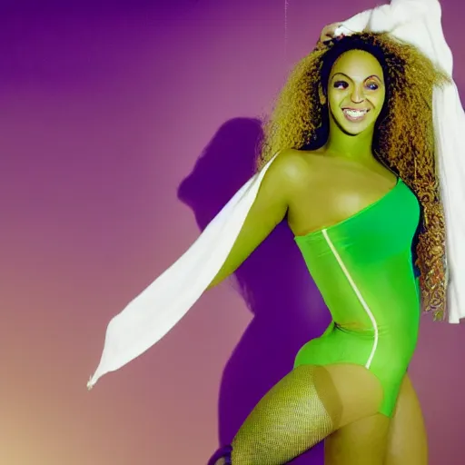 Image similar to Singer Beyoncé with green skin and dark green hair as She-Hulk, white leotard with two purple vertical stripes, green skinned, wearing purple and white fingerless gloves, wearing purple and white sneakers, mini skirt, smiling, photorealistic, sports illustrated, detailed legs, hyperreal, surreal, bokeh, tilt shift photography, green arms, green legs, green face,