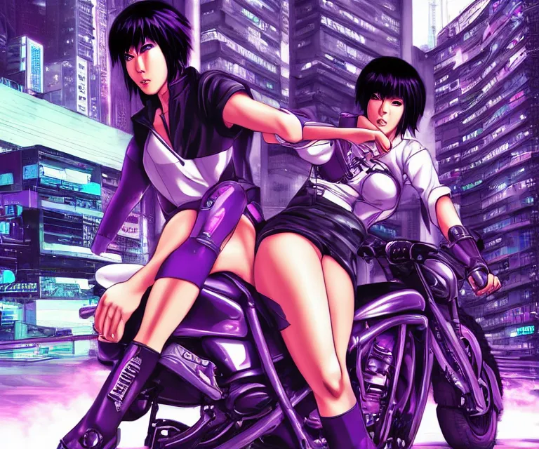 Image similar to motoko kusanagi riding a cyberpunk vehicle in a grungy cyberpunk megacity, bosozoku gang war, cyberpunk vaporwave, by phil jimenez, artgerm, sola digital arts, anti aliasing, raytracing