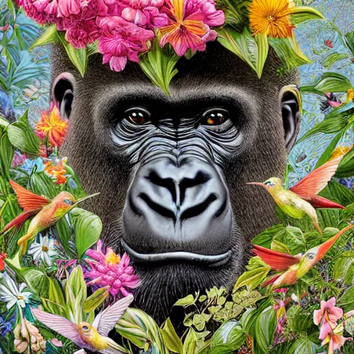 Image similar to half - length portrait of a gorilla surrounded by hummingbirds and fine floral ornaments, eye - level medium - angle shot, intricate, floral background, by esao andrews, by m. w. kaluta, by yoshita amano, intricate, symmetrical, natural lighting, smooth, 3 d octane render, depth perception, 4 k,, artstation