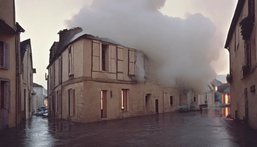Image similar to 1 9 7 0 s movie still of a heavy burning french style townhouse in a small french village by night rain, cinestill 8 0 0 t 3 5 mm, heavy grain, high quality, high detail, dramatic light, anamorphic, flares