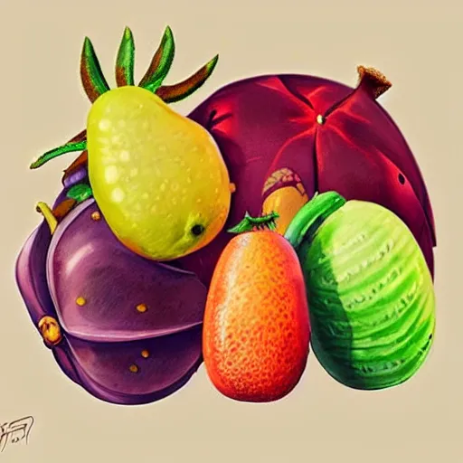 Image similar to Fantasy style fruits, fantastic colors, concept art design drawings