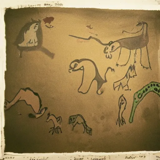 Image similar to the moomins, prehistoric cave painting, photograph taken in cave