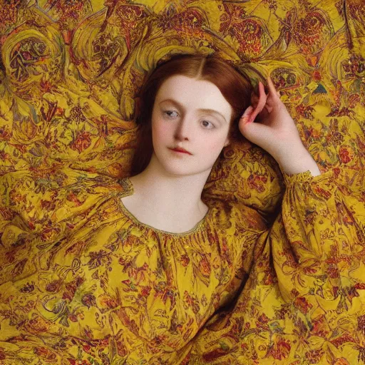 Image similar to preraphaelite photography reclining on bed, large downslanted eyes, large lips, big brown fringe, yellow ochre ornate medieval dress, charles sillem lidderdale, william morris, 4 k