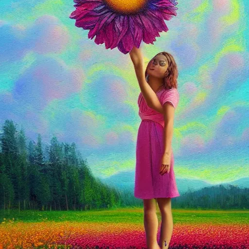 Image similar to girl with a huge flower as a face, surreal photography, dream, standing in flower field, hills, big trees, sunrise dramatic light, impressionist painting, colorful clouds, digital painting, pointillism, artstation, simon stalenhag, flower face