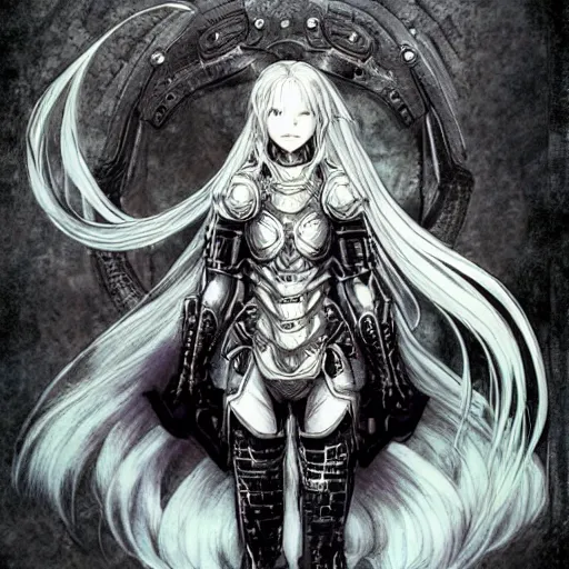 Image similar to character portrait of a girl with wavy white hair and black eyes in the style of yoshitaka amano drawn by alex maleev, highly detailed, elden ring armor with engraving, blurred edges, film grain effect