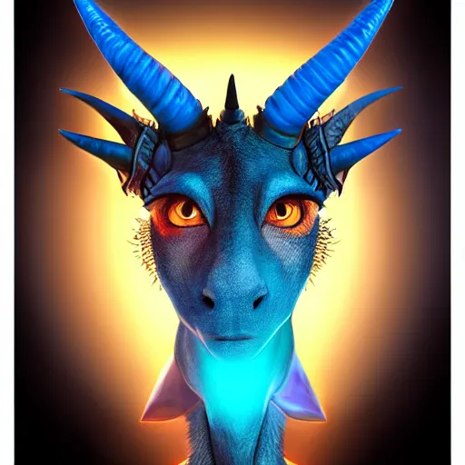 Prompt: illustrated realistic tilted head portrait female prong-horned kobold with blue bob hair with black-eyes wearing strap leather armor, orange glow, backlit by rossdraws