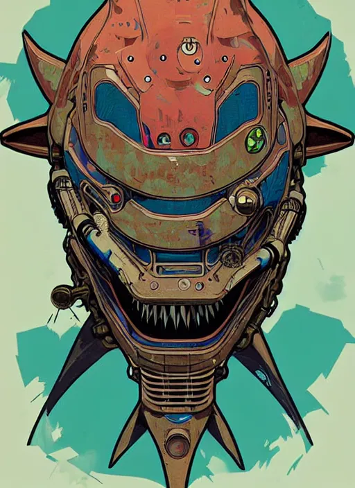 Prompt: biopunk shark mask link from fallout, portrait illustration, pop art, splash painting, art by geof darrow, ashley wood, alphonse mucha, makoto shinkai