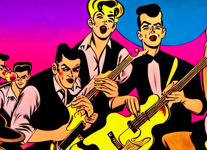 Image similar to rockabilly band 1950s, high detail, golden hour, 8K, by jack kirby