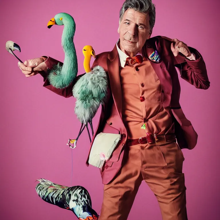 Image similar to high fashion photoshoot octane render portrait by wayne barlow and carlo crivelli and glenn fabry, a distinguished actor wearing a colorful wes anderson designed uniform and holding an irritated pink flamingo inside a high - end exotic colorful pastel vintage boutique hotel lounge, very short depth of field, bokeh